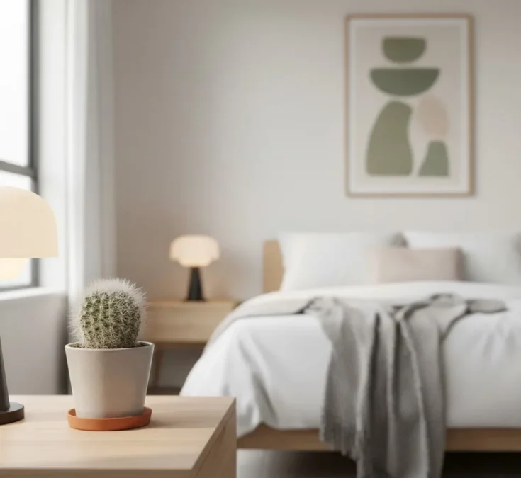 Um pequeno cacto redondo em um vaso cinza minimalista sobre uma mesa de cabeceira de madeira, com uma cama aconchegante ao fundo desfocado.