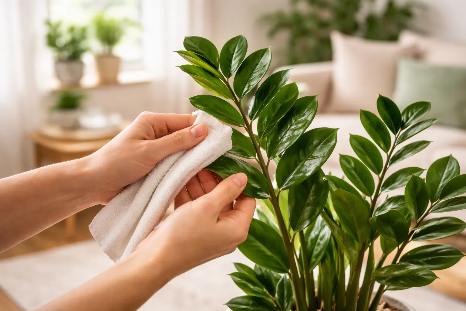 pessoa limpando delicadamente folhas brilhantes de zamioculca dentro de apartamento