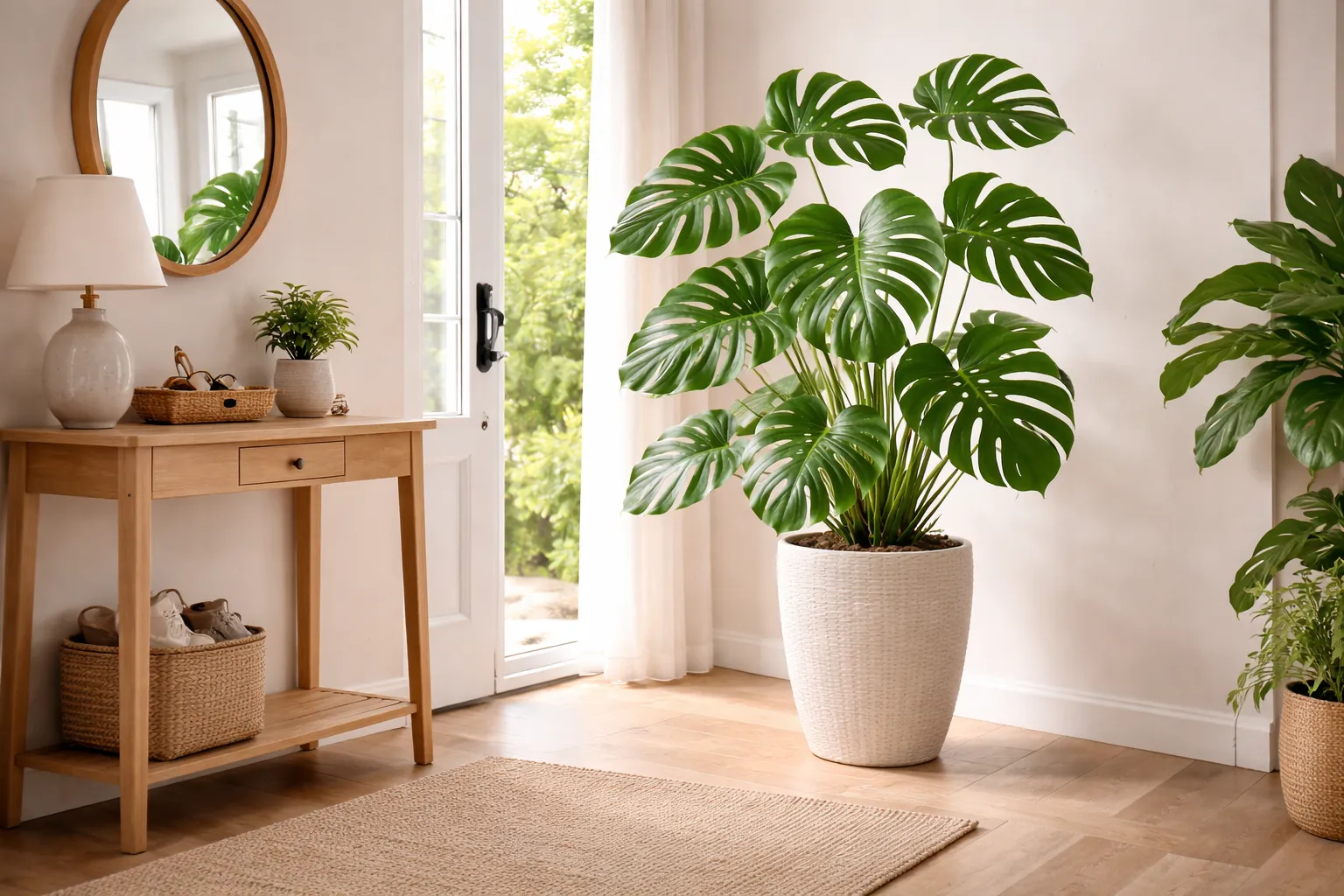 Qual o significado da Costela-de-adão: planta Costela-de-adão grande posicionada na entrada de casa com iluminação indireta