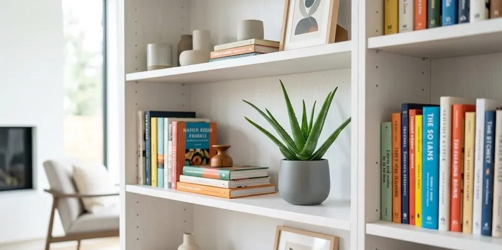 Prateleira de madeira branca com livros coloridos e um pequeno vaso de Babosa no canto, estilo escandinavo.