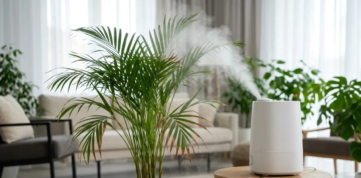 Uma imagem realista mostrando um umidificador de ar ultrassônico portátil ligado, liberando uma névoa fina perto de uma Palmeira-Areca com pontas ligeiramente marrons. A planta está em um ambiente interno seco, como uma sala com ar-condicionado.