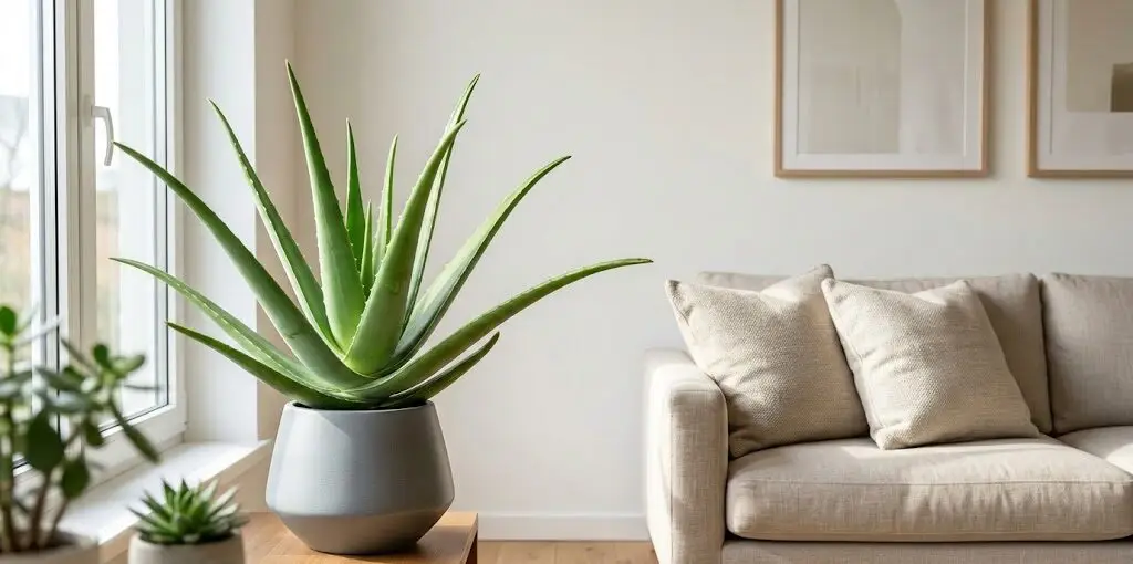 Uma planta Babosa (Aloe vera) grande e saudável em um vaso de cerâmica decorativo, posicionada em uma sala de estar bem iluminada com decoração moderna e minimalista.
