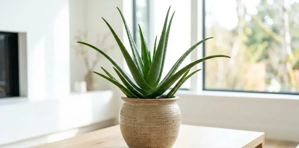 Uma planta Aloe vera de folhas verdes vibrantes plantada em um vaso de cerâmica bege artesanal sobre uma mesa de madeira.