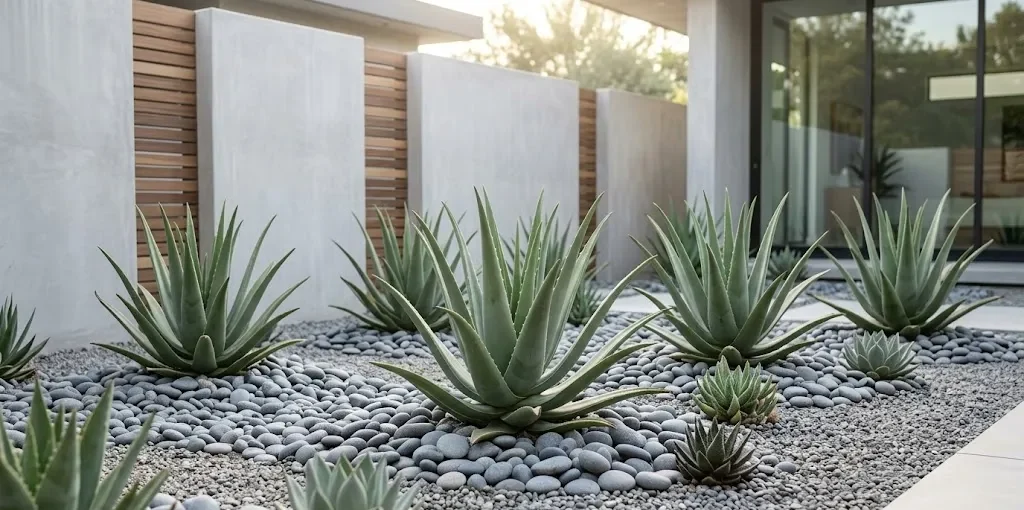 Uma composição paisagística moderna de um jardim seco (xeriscape) em um pátio contemporâneo. No centro, várias plantas Babosa (Aloe vera) maduras e escultóricas estão plantadas em meio a pedras decorativas cinzas e cascalho fino. O fundo mostra concreto arquitetônico e linhas minimalistas de uma casa.