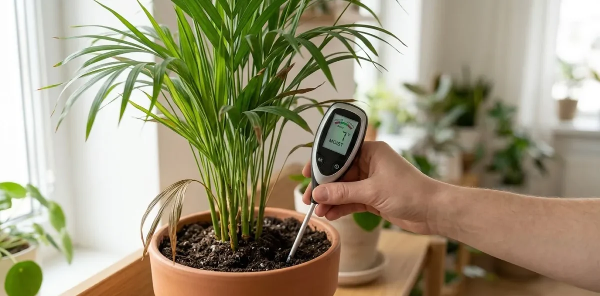 Uma imagem realista e de close-up mostrando a mão de uma pessoa inserindo um medidor de umidade do solo digital na terra de um vaso com uma Palmeira-Areca. O solo parece levemente seco na superfície. Ao fundo, folhas da planta com algumas pontas marrons são visíveis.