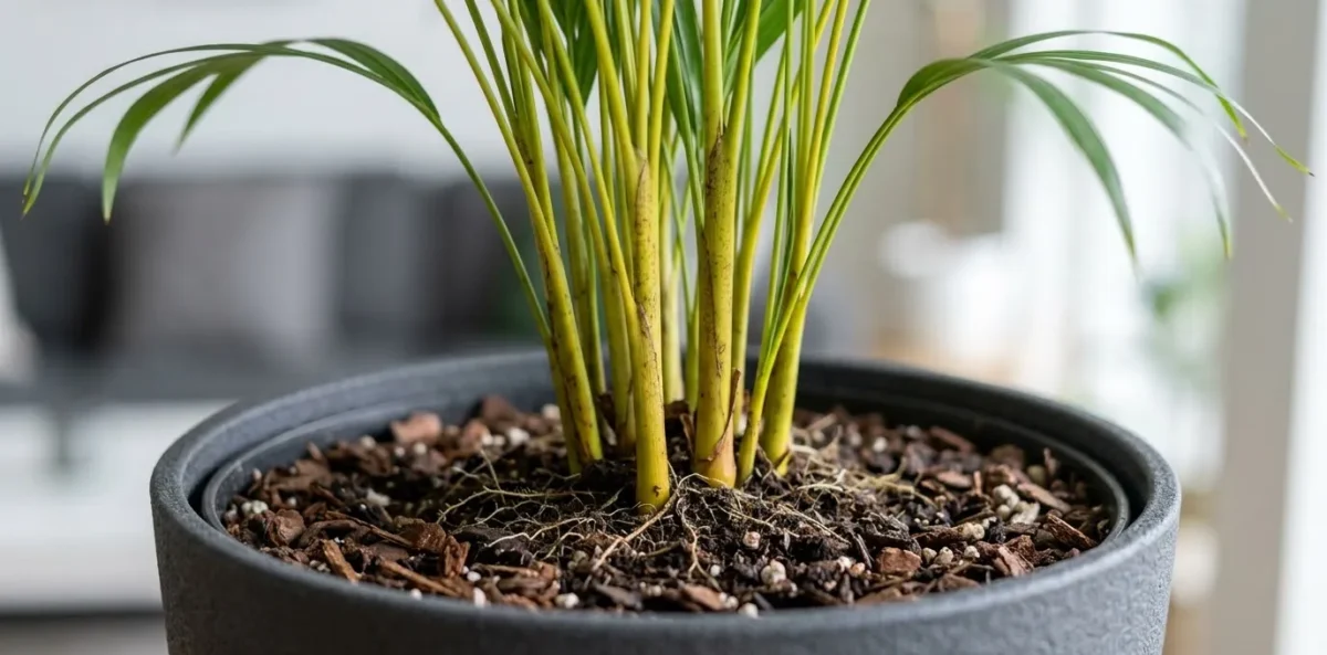close-up focado na base de uma Palmeira-Areca em um vaso autoirrigável, mostrando a textura do substrato úmido e as raízes saudáveis.