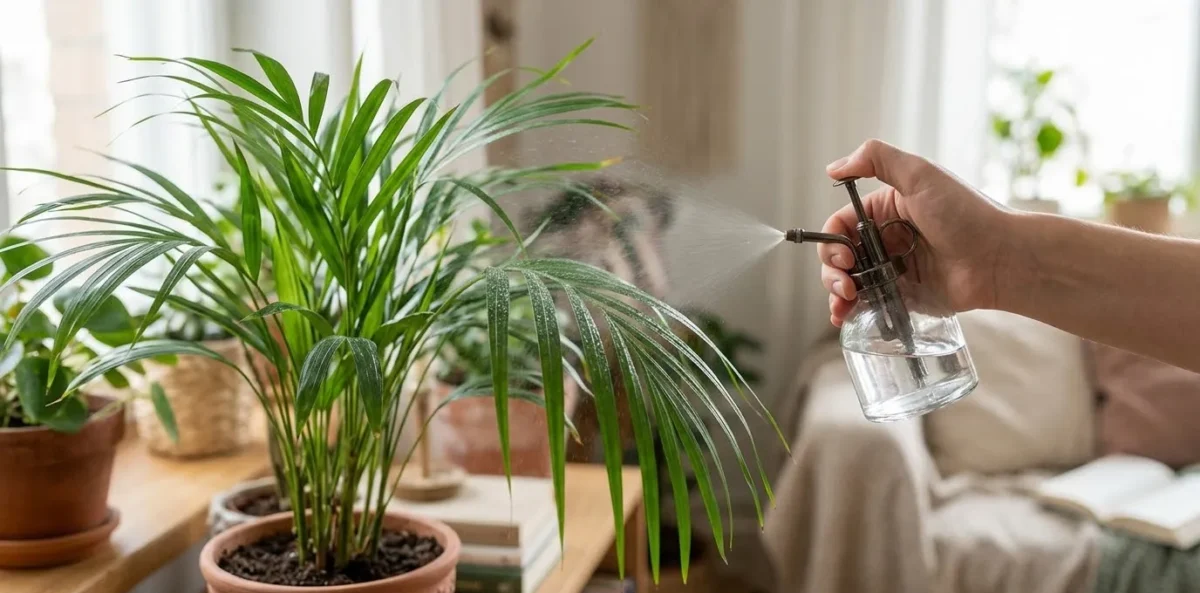 Uma pessoa usando um borrifador manual para aplicar uma névoa fina de água nas folhas verdes e longas de uma Palmeira-Areca, em um ambiente interno decorado.