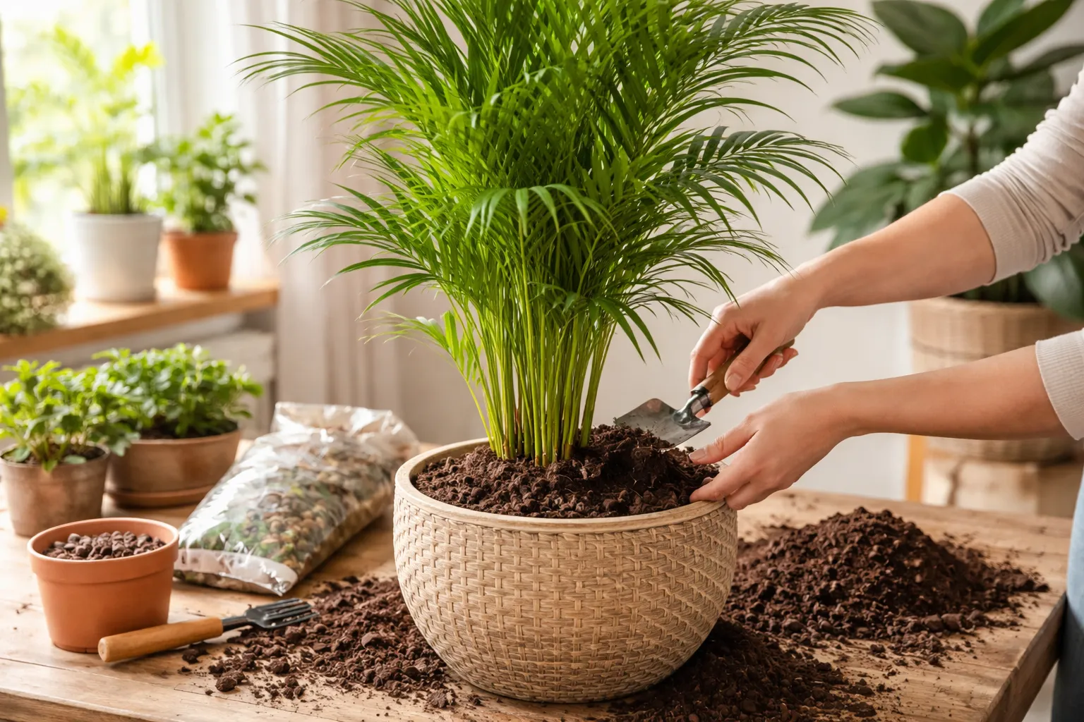 Como plantar a Palmeira-Areca corretamente em vaso com solo drenado