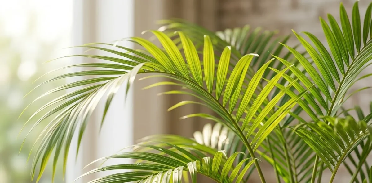Close fotorrealista nas folhas verdes, longas e elegantes de uma Palmeira Areca (Chrysalidocarpus lutescens), iluminadas por raios de sol suaves que criam um brilho dourado e uma sensação de calor e renovação.