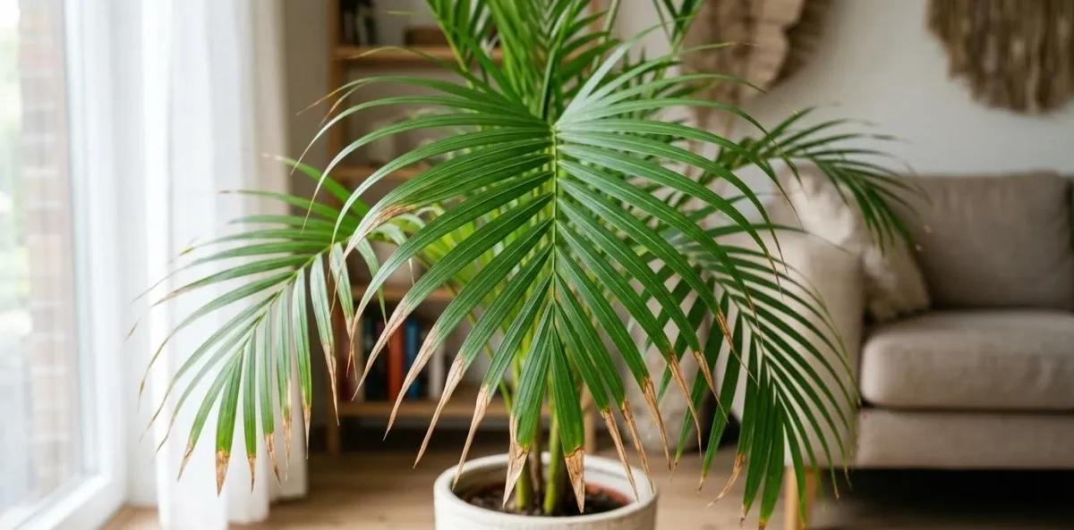 Close-up realista e detalhado das folhas arqueadas de uma Palmeira-Areca, mostrando claramente pontas marrons e amarelas secas e quebradiças, contrastando com folhas verdes mais saudáveis ao fundo.