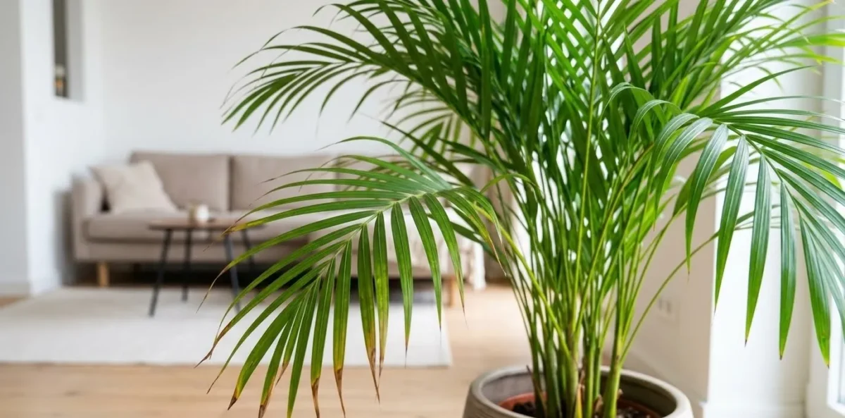 Close-up de folhas de uma Palmeira-Areca mostrando pontas secas e marrons, um problema comum causado por ar seco em apartamentos.