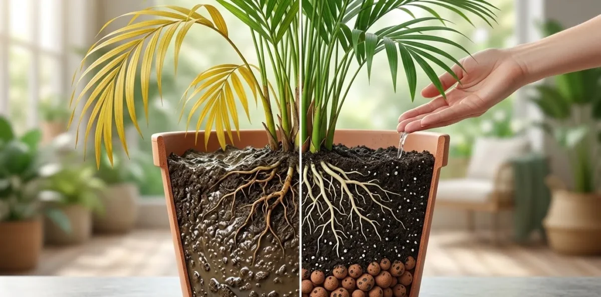 Uma visualização em corte transversal realista de um vaso de plantas mostrando as camadas internas. No fundo, há argila expandida, coberta por um substrato leve e aerado. Acima, raízes saudáveis de uma Palmeira-Areca e a base da planta com folhas verdes e algumas amarelas moles, ilustrando a prevenção do encharcamento.