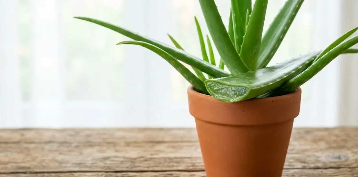 Foto realista de uma planta de babosa (Aloe vera) saudável em um vaso de barro, com folhas verdes, grossas e firmes, mostrando o gel transparente ao ser cortada.