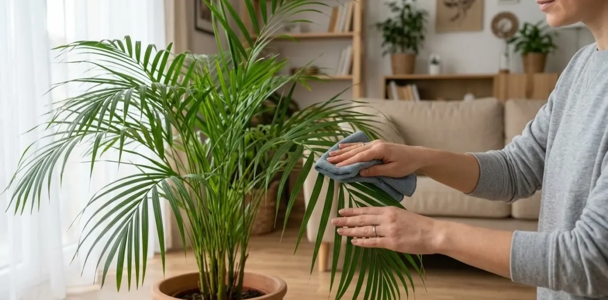 Close-up realista mostrando uma mão feminina usando um pano de microfibra macio e úmido para limpar suavemente a poeira de uma fronde verde e arqueada de uma Palmeira-Areca saudável, com outras folhas desfocadas ao fundo.