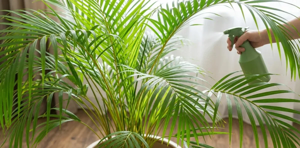 close-up em ângulo baixo mostrando a folhagem densa e verde-clara de uma Palmeira-Areca em um ambiente interno.