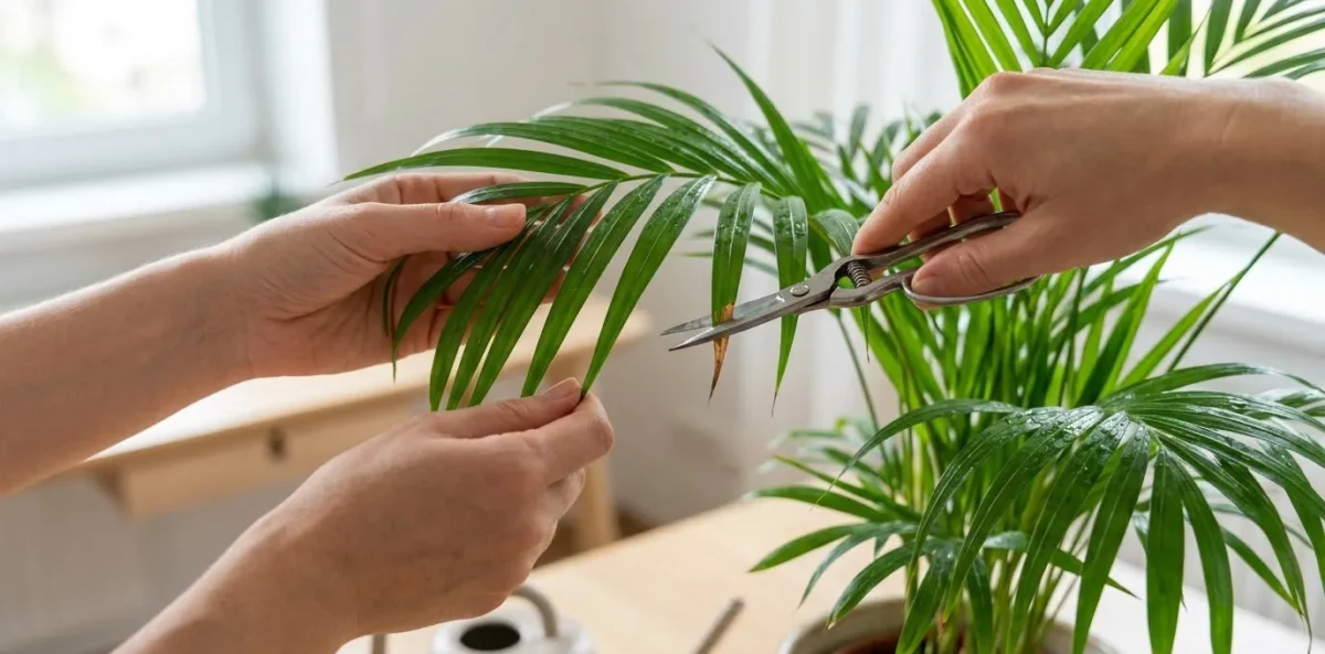 Close-up fotorrealista mostrando uma mão feminina usando uma pequena tesoura de jardinagem para aparar uma ponta seca de uma folha de Palmeira-Areca. Ao fundo, o solo do vaso está levemente úmido.