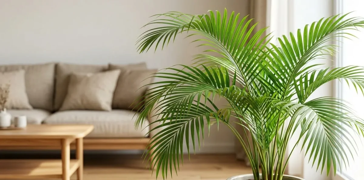 Uma grande e exuberante Palmeira Areca (Chrysalidocarpus lutescens) em um vaso de cerâmica branca, posicionada em uma sala de estar moderna e bem iluminada com luz natural suave.