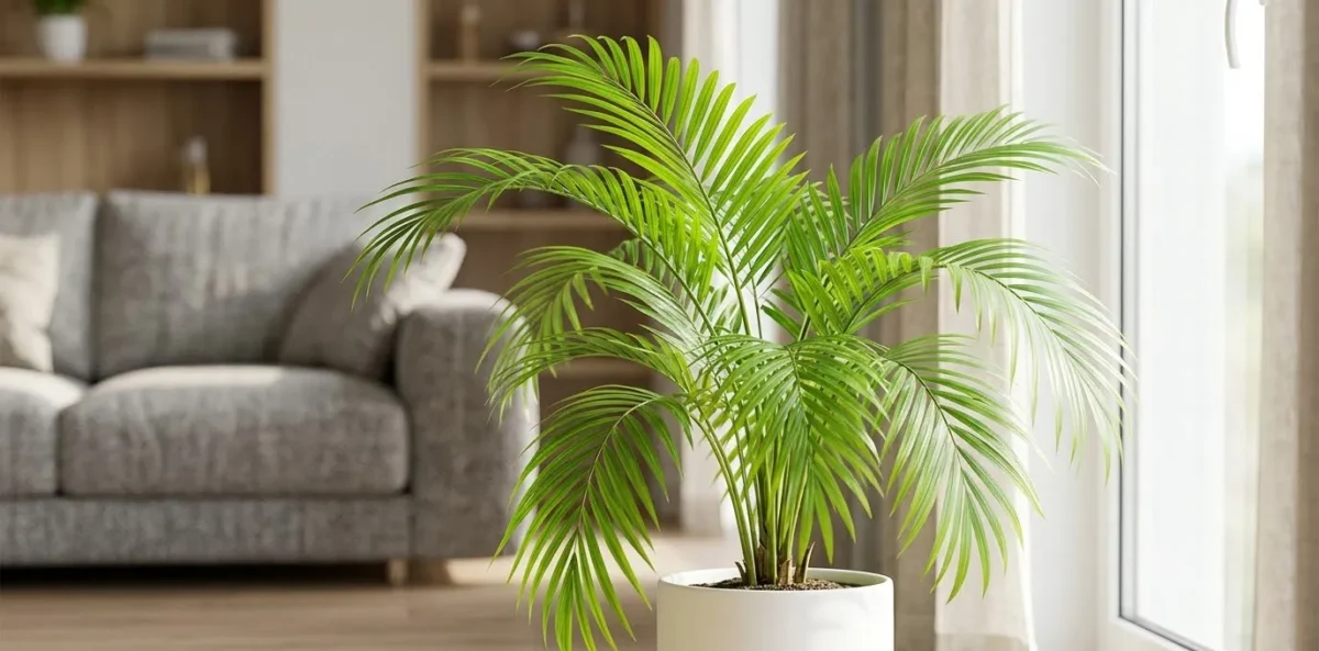 Uma Palmeira-Areca exuberante e vibrante, com múltiplas frondes verdes brilhantes e arqueadas, crescendo em um vaso moderno de cerâmica branca em uma sala de estar bem iluminada com luz natural.