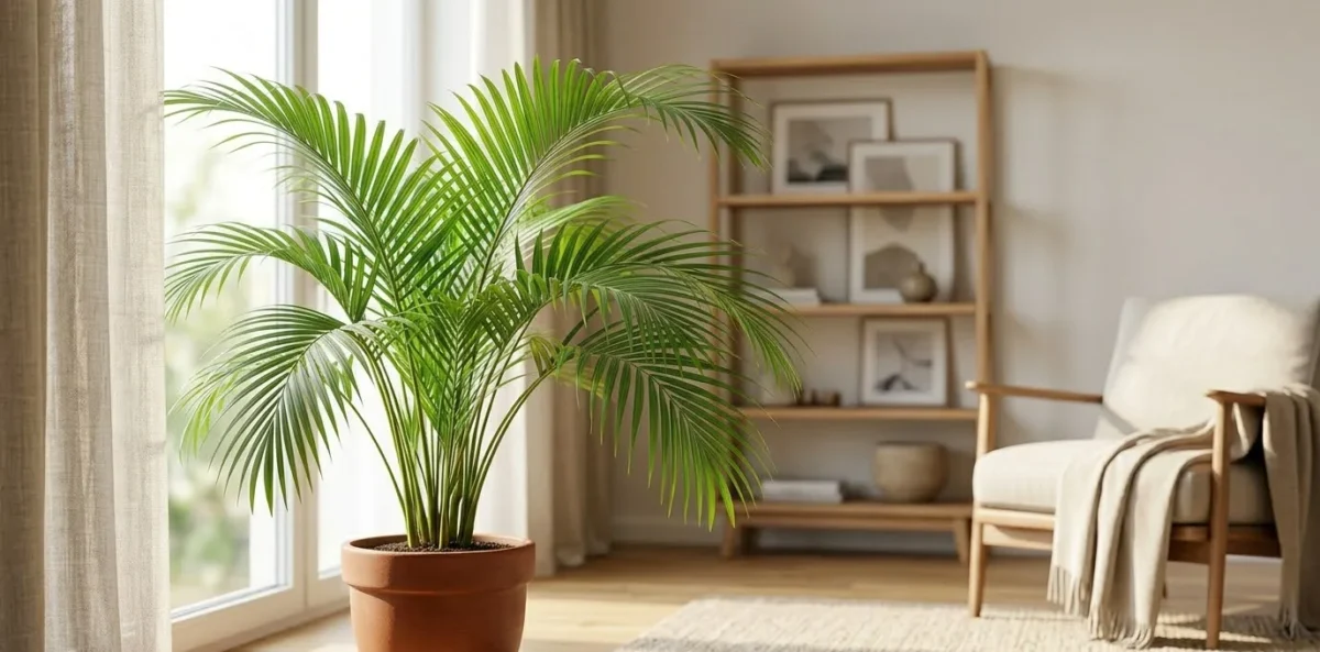 Uma visão ampla e fotorrealista de uma exuberante e saudável Palmeira Areca (Chrysalidocarpus lutescens) em um grande vaso de terracota, colocada no canto de uma sala de estar moderna com piso de madeira, perto de uma janela com cortinas leves.