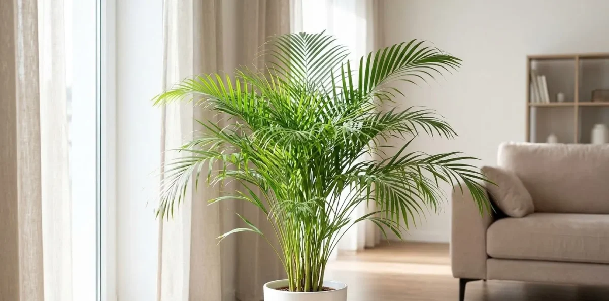 Uma Palmeira-Areca grande e frondosa em um vaso moderno de cerâmica branca, posicionada em uma sala de estar decorada, recebendo luz natural filtrada através de uma cortina fina.