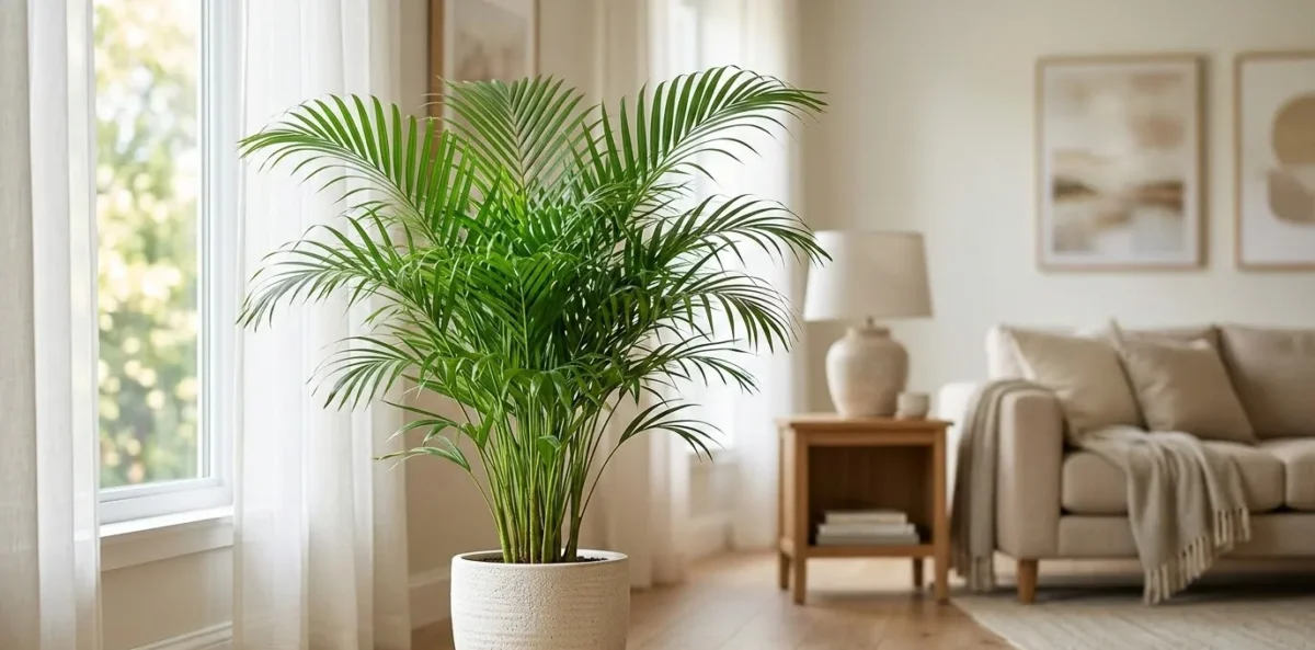 Uma Palmeira-Areca (Dypsis lutescens) viçosa e verde em um vaso de cerâmica elegante, posicionada em uma sala de estar bem iluminada com luz natural filtrada perto de uma janela.