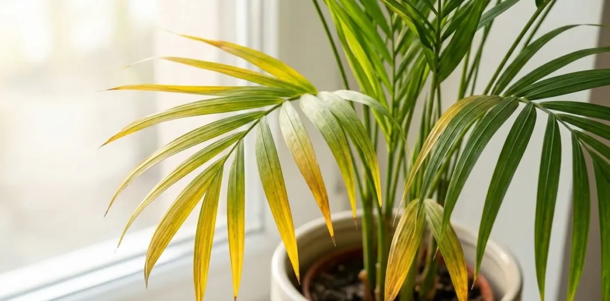 Uma foto realista em close de uma Palmeira-Areca (Dypsis lutescens) em vaso, onde várias pontas e folíolos mostram descoloração amarelada em contraste com o verde saudável.