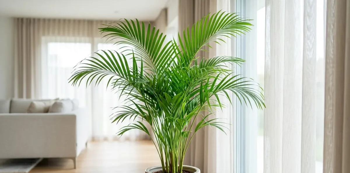 Uma exuberante Palmeira-Areca cultivada em um vaso elegante dentro de uma sala de estar bem iluminada com luz natural suave e indireta.