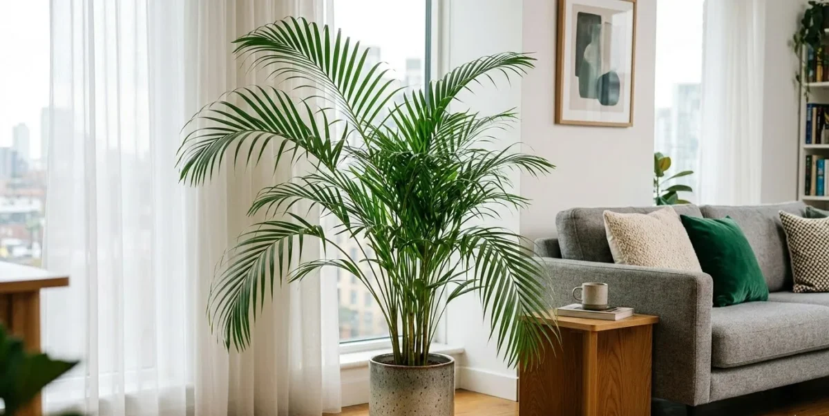 Uma Palmeira-Areca frondosa em um vaso elegante, posicionada no canto de uma sala de estar de apartamento bem iluminada e moderna, ao lado de um sofá cinza.