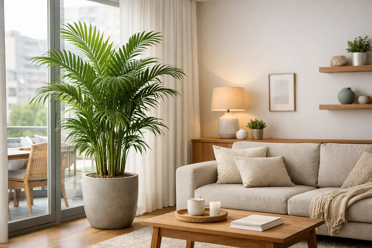 A Palmeira-Areca é boa para apartamento decorando sala iluminada
