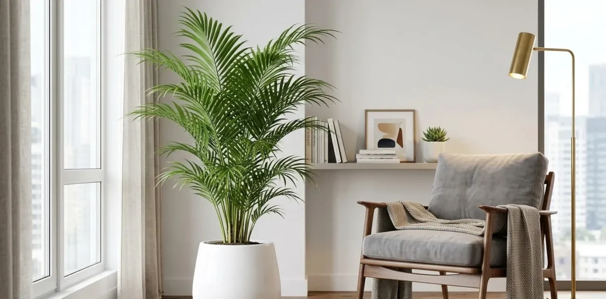 Uma Palmeira-Areca alta e frondosa em um vaso de cerâmica branca no canto de uma sala de estar moderna de apartamento, ao lado de uma poltrona confortável.