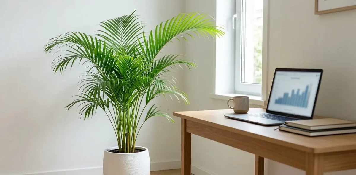 Uma Palmeira-Areca de tamanho médio em um vaso moderno de cimento, posicionada ao lado de uma mesa de escritório em um home office bem iluminado. Na mesa há um notebook e documentos.