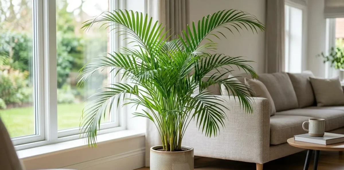 Uma planta Palmeira-Areca vistosa e verde em um vaso de cerâmica, posicionada em uma sala de estar moderna e bem iluminada pela luz natural da janela.