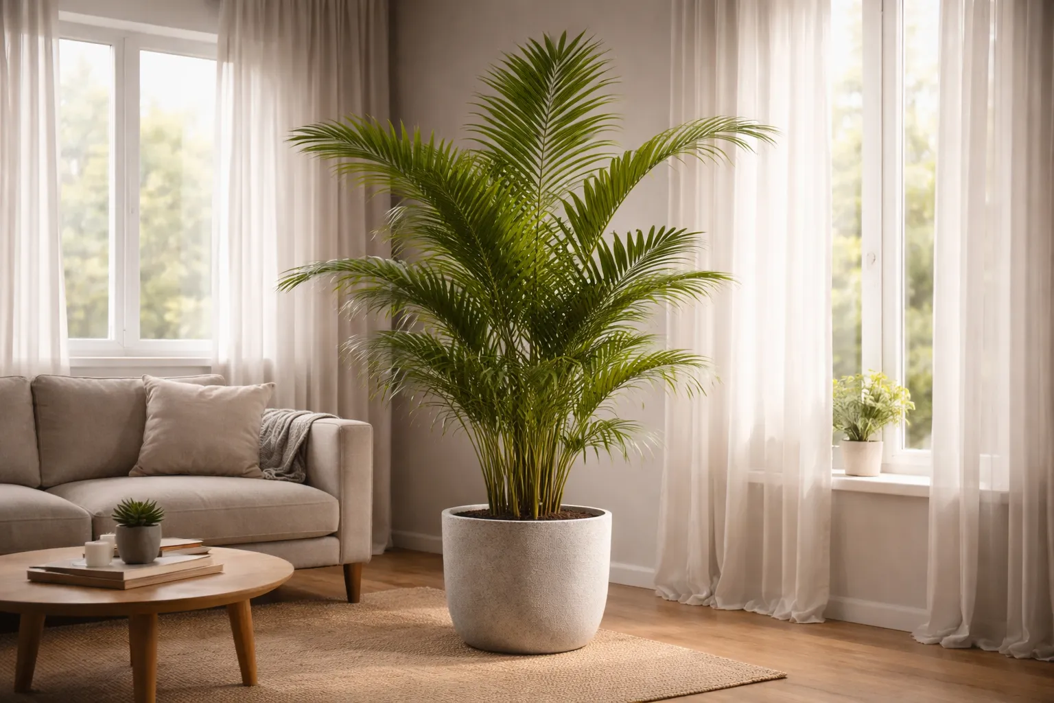 A Palmeira-Areca pode ficar em ambientes com pouca luz em sala aconchegante