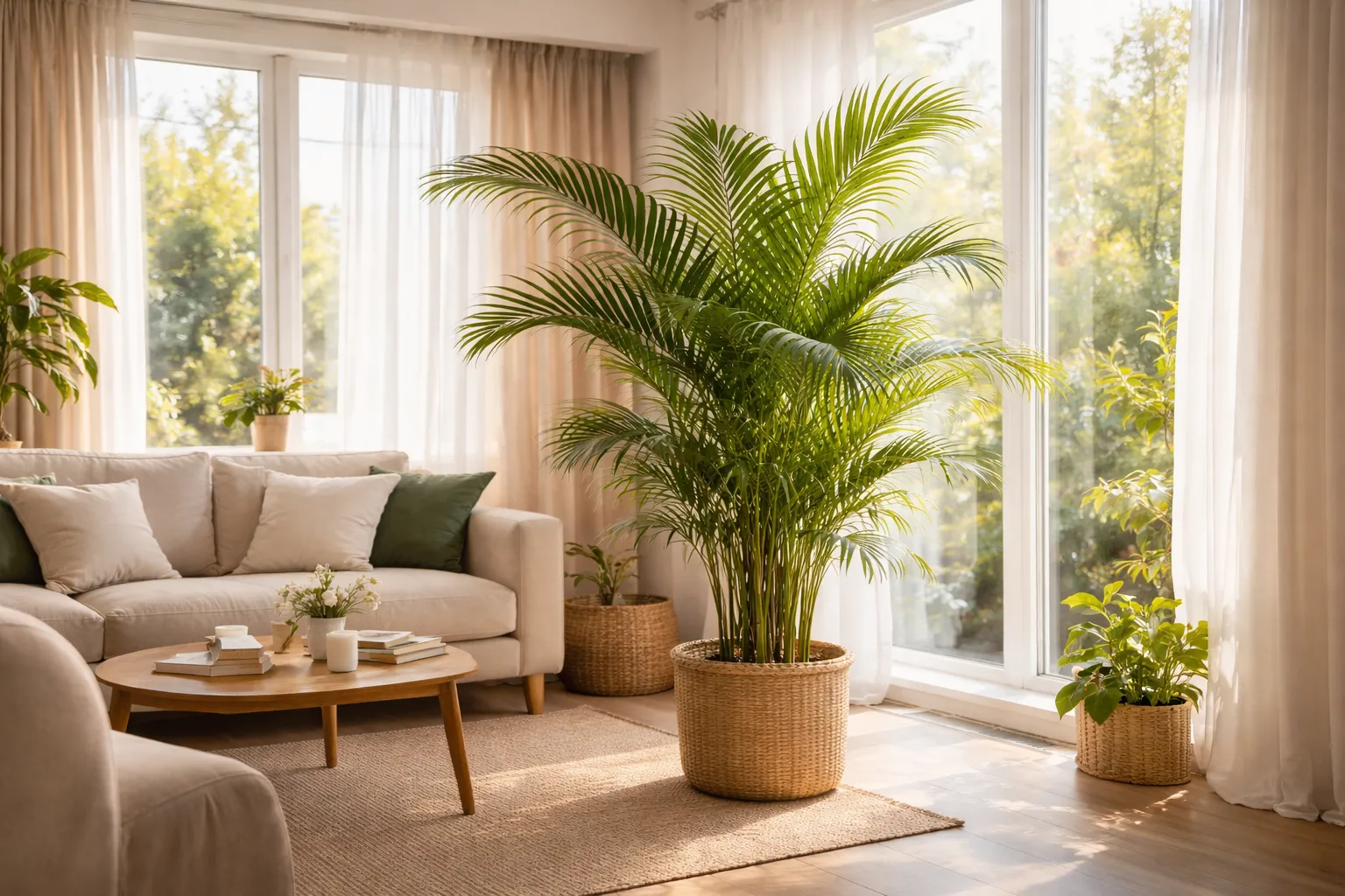 A Palmeira-Areca melhora o ar do ambiente em sala iluminada