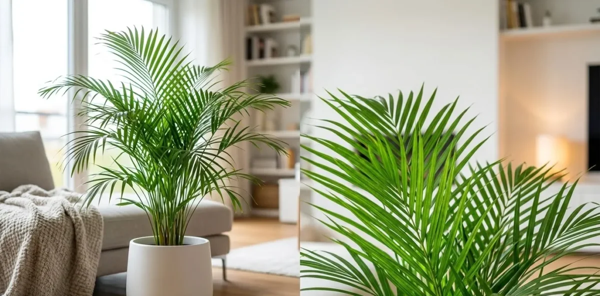Uma close-up das folhas verdes e vibrantes de uma Palmeira-Areca em um apartamento, com a luz do sol passando por elas, transmitindo uma sensação de ar fresco e natural.