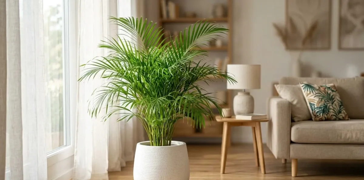 Uma Palmeira-Areca viçosa em um vaso de cerâmica branca, posicionada em uma sala de estar bem iluminada com luz natural suave vinda de uma janela lateral desfocada.