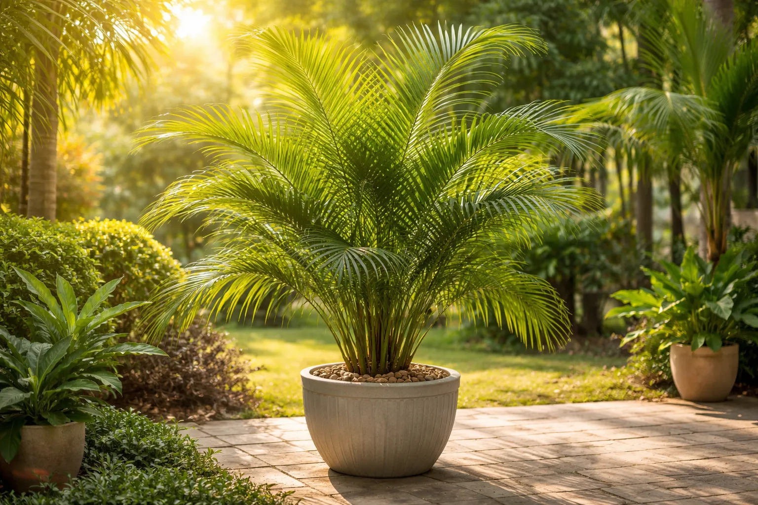 A Palmeira-Areca pode ficar no sol pleno em jardim tropical iluminado