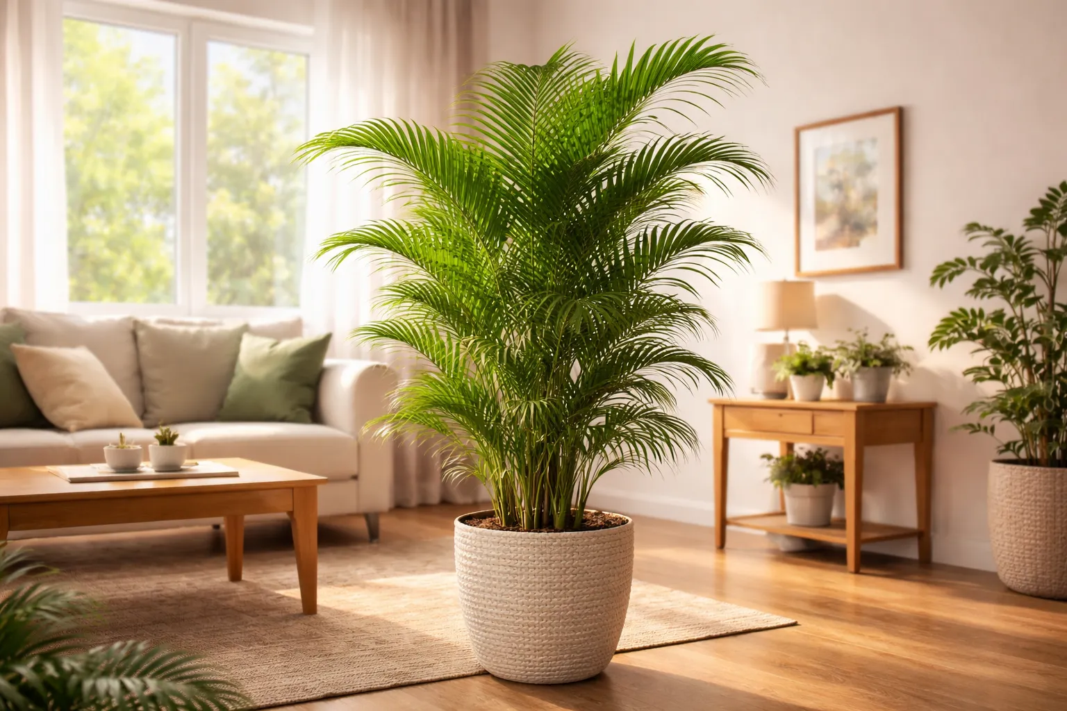 A Palmeira-Areca precisa de adubação em vaso com folhas verdes vibrantes