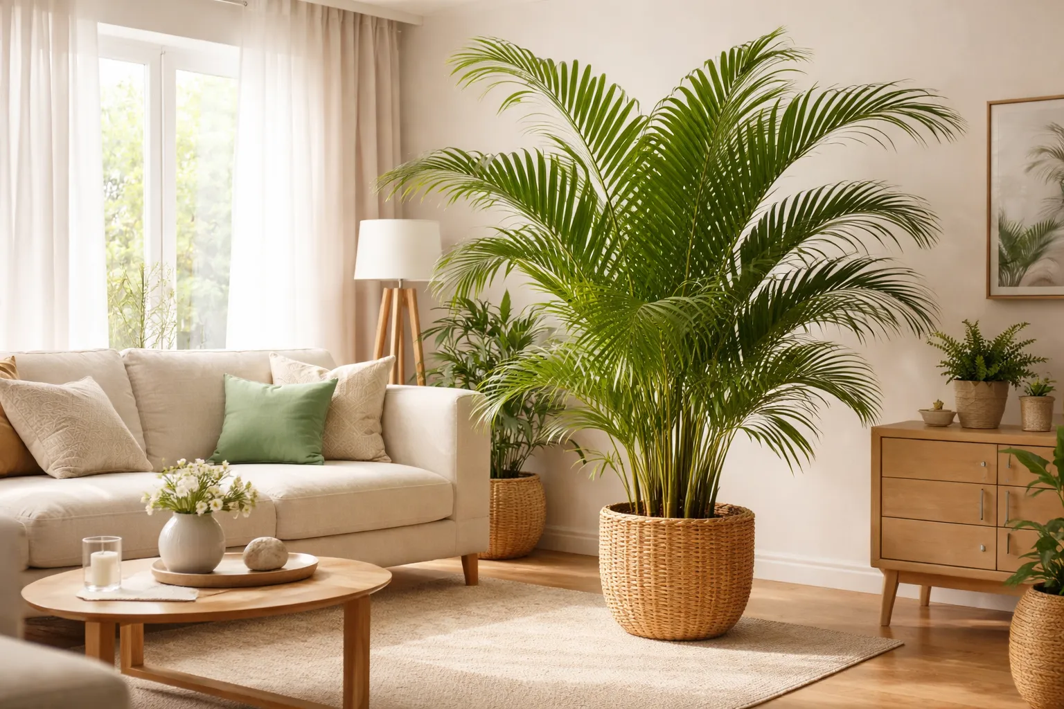 A Palmeira-Areca atrai boas energias segundo crenças populares em sala aconchegante