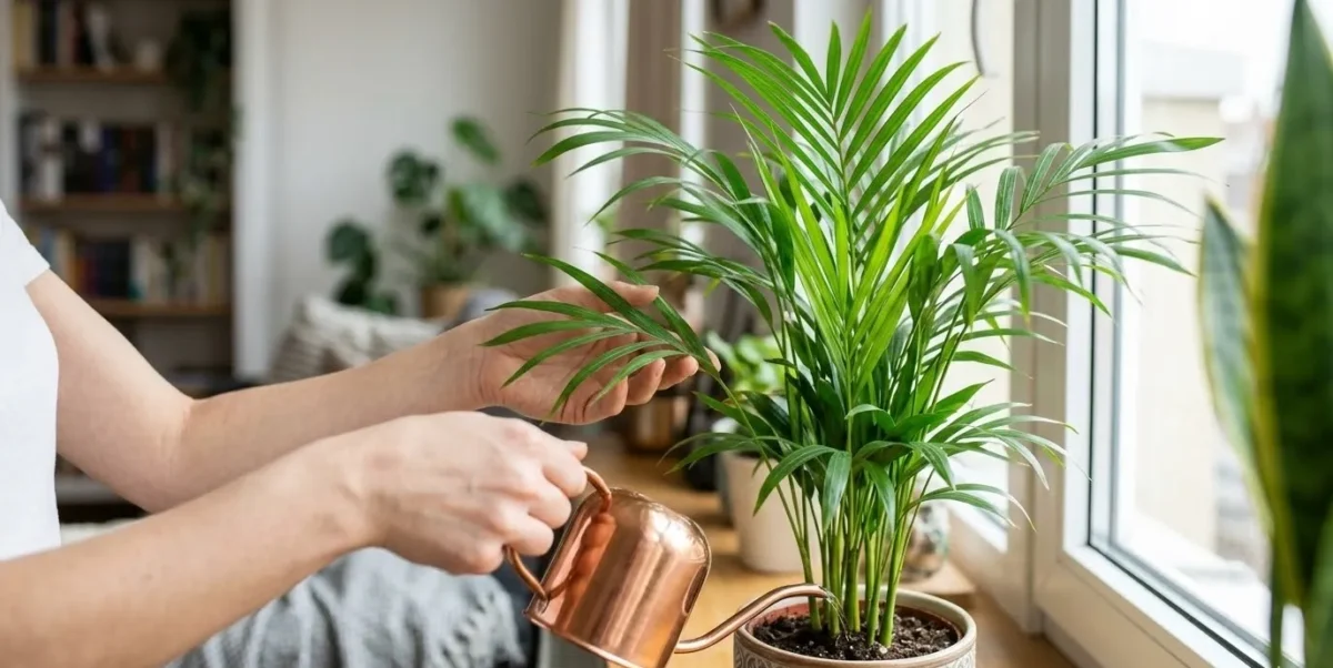Uma pessoa cuida de uma Palmeira-Areca em um apartamento, usando um regador pequeno para molhar a terra do vaso de forma controlada.