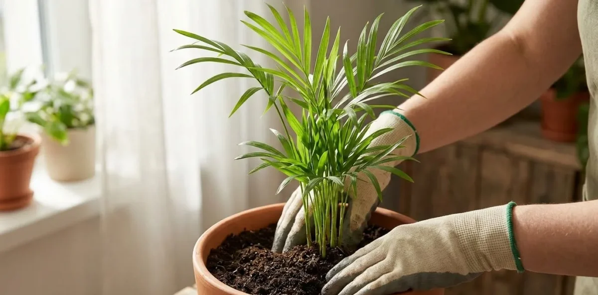 Close de mãos jardinando: colocando uma muda jovem de Palmeira-Areca em um vaso de terracota preenchido com terra preta e fofa.
