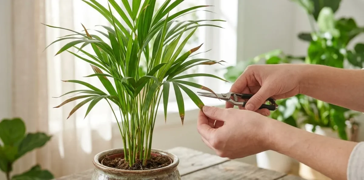 Uma imagem realista e de close-up mostrando as mãos de uma pessoa segurando uma pequena tesoura de poda afiada. A tesoura está prestes a cortar a ponta marrom e seca de um folíolo individual de uma Palmeira-Areca. A maior parte da folha e a planta ao redor estão verdes e saudáveis.
