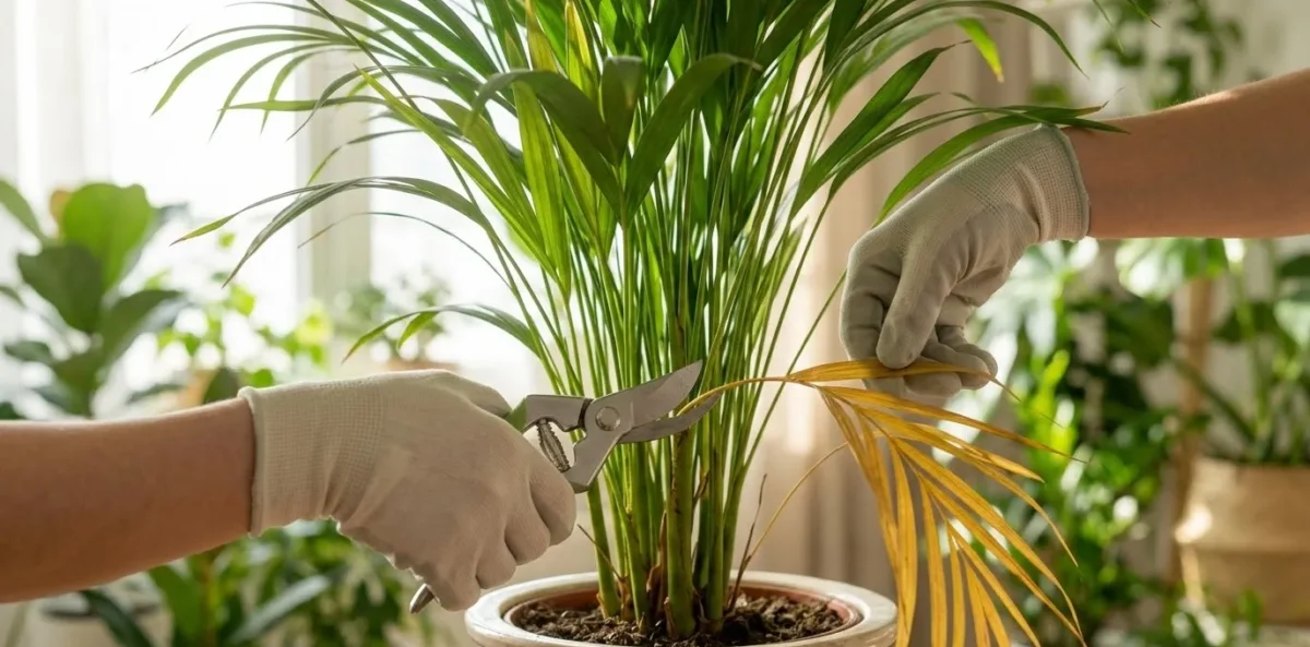 Uma foto realista e em close das mãos de um jardineiro usando uma pequena tesoura de poda limpa para cortar uma folha velha e completamente amarela na base de uma Palmeira-Areca densa e verde. A luz solar suave incide sobre a cena, destacando as texturas.