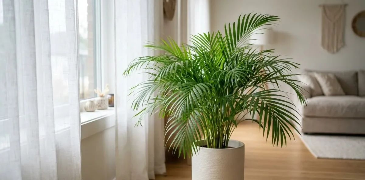 Close-up de uma Palmeira-Areca saudável em um vaso, posicionada ao lado de uma janela com uma cortina de linho branca que filtra a luz solar forte.