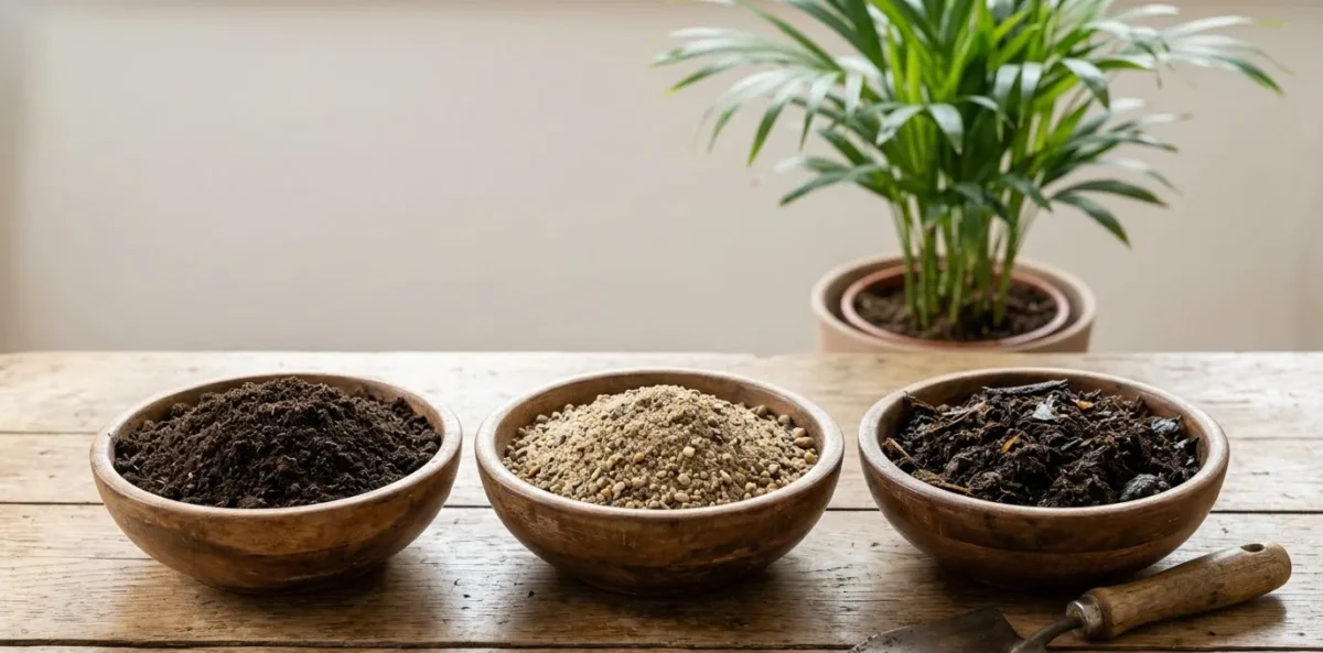 Três recipientes de madeira dispostos lado a lado contendo terra vegetal escura, areia grossa texturizada e húmus de minhoca úmido, os componentes essenciais para o solo ideal de Palmeira-Areca.