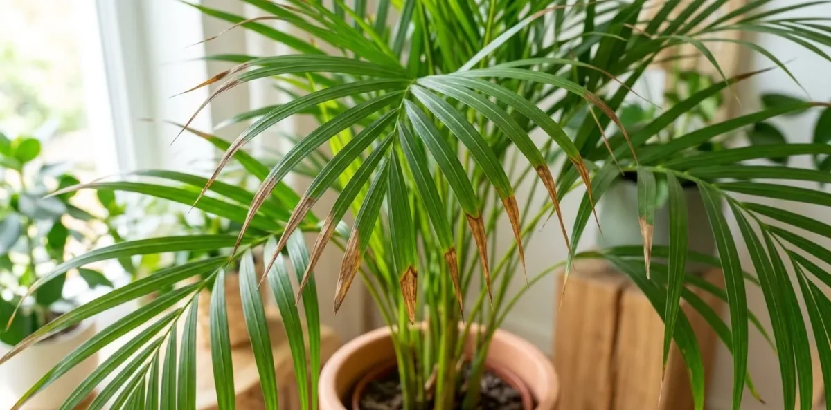 Uma foto realista e de close-up mostrando as pontas das folhas verdes de uma Palmeira-Areca (Dypsis lutescens) secas e de cor marrom escuro, evidenciando o estresse da planta em um ambiente interno.