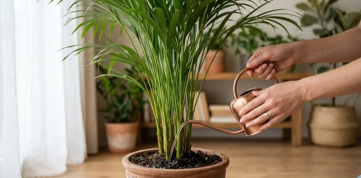 Close-up realista mostrando uma mão feminina usando um regador de metal de bico longo para verter água suavemente na base do solo de uma Palmeira-Areca em um vaso de terracota, sobre uma superfície de madeira.