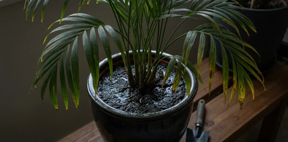 Uma Palmeira-Areca em um vaso de cerâmica mostrando sinais de estresse, com água parada na superfície compactada do solo, que parece argiloso e denso, ilustrando o erro comum de falta de drenagem.