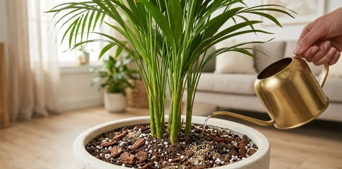 Close-up realista mostrando um solo bem drenado com mistura de terra, casca de pinus e perlita na base de uma Palmeira-Areca saudável, com grânulos finos de adubo NPK visíveis na superfície.