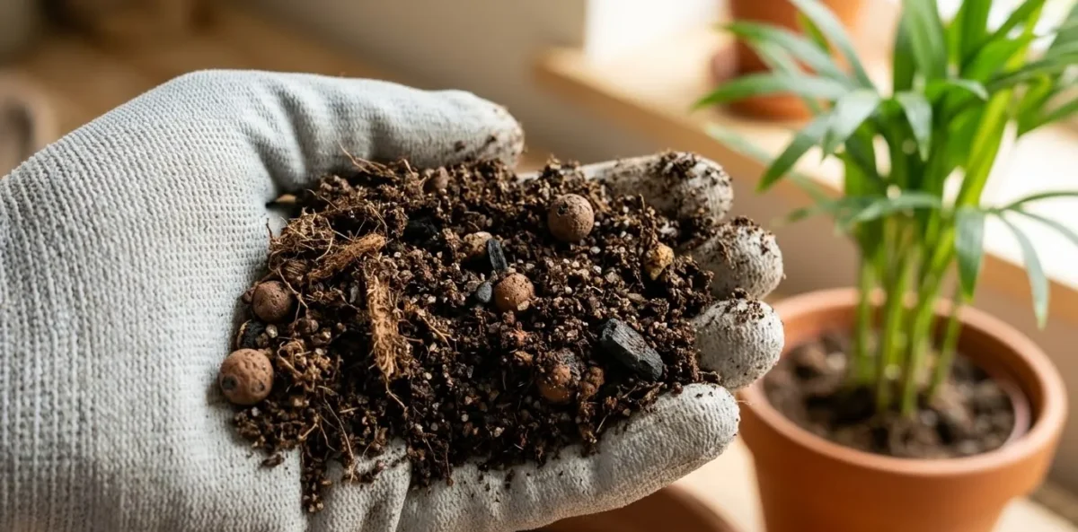 Close-up fotorrealista mostrando a textura misturada do substrato ideal para Palmeira-Areca, com partes visíveis de terra preta rica, areia grossa granulada e pedaços de matéria orgânica, demonstrando um solo aerado e bem drenado.